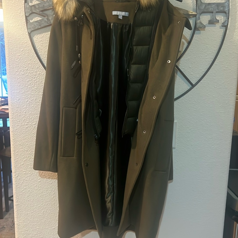 ANTONIO MELANI BLACK WOOL PEA COAT WITH FUR TRIM